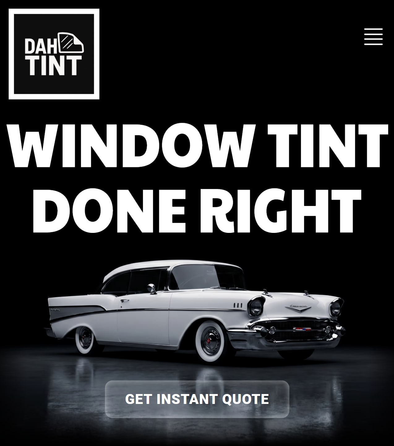 The demo shop's website on a phone: Window tint done right, a white '57 Chevy Bel Air, and a Get instant quote button