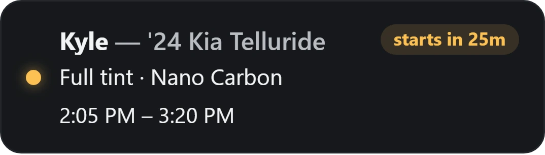 A job card from the DAHTint app: a Kia Telluride full tint, starting in 25 minutes